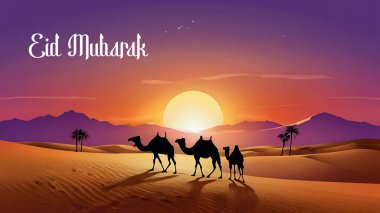 Silhouette camels walking along in the desert during beautiful sunset with the text Eid Mubarak clipart
