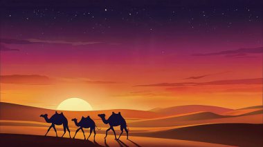 Silhouette camels walking along in the desert during beautiful sunset clipart
