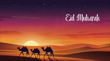 Silhouette camels walking along in the desert during beautiful sunset with the text Eid Mubarak clipart