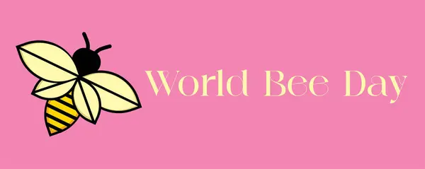 Üzerinde World Bee Day yazan pembe arının vektör görüntüsü. Çizim vektörü.