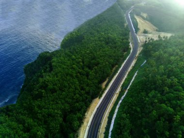 Parlak mavi bir okyanus boyunca kıvrımlı bir sahil yolu. Tulungagung, Doğu Java, Endonezya 'da yemyeşil bitkiler yol boyunca uzanır.