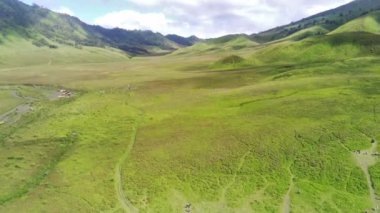 Bromo Tengger Semeru Ulusal Parkı, Doğu Java 'nın havadan görünüşü volkanik kül tarlalarından oluşan yemyeşil bir denizi gösteriyor. Uzaktaki görkemli Bromo Dağı' na doğru uzanıyor..