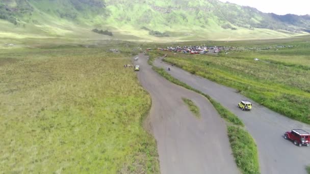 Aerial View Jeeps Parked Savannah Bromo East Java Indonesia — Video Stock