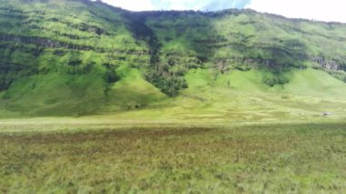 Bromo, East Java, Endonezya 'daki savananın etrafındaki cip görüntüsü.