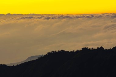 Şafak sökerken Bromo tepesinden nefes kesici bir bulut manzarası beliriyor. Gökyüzü altın renklerle kaplanıyor..