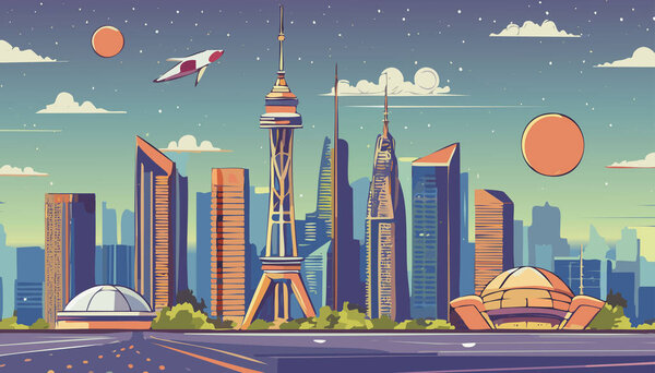 Яркий город с игрушечными небоскребами, мостами и шоссе, ведущим вдаль. Небо заполнено звездами и полумесяцем, создавая ощущение чуда и возможности.