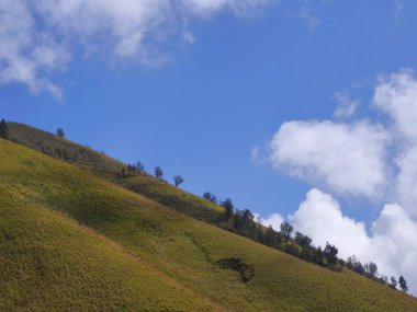Bromo Tengger Semeru Ulusal Parkı 'nın görkemli manzarası. İkonik Bromo Dağı kendine özgü krateriyle dimdik ayakta duruyor. Etrafı geniş bir volkanik kum ve açık mavi bir gökyüzü ile çevrili.