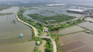 Endonezya, Surabaya 'da geniş bir kırsal manzara manzarası. Sahne birbirine bağlı tuz göletleri ve su yolları ağı tarafından yönetiliyor..