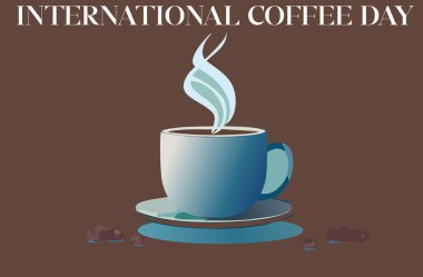 Uluslararası Kahve Günü 'nü kutlayan canlı bir illüstrasyon. İçi kahve çekirdekleri ve yeşilliklerle çevrili dumanı tüten mavi bir kupa..