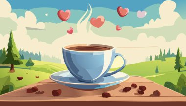 Uluslararası Kahve Günü 'nü kutlayan canlı bir illüstrasyon. İçi kahve çekirdekleri ve yeşilliklerle çevrili dumanı tüten mavi bir kupa..