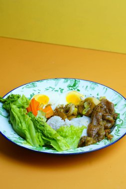 Beyaz pirinçli lezzetli bir yemek, lezzetli bir biftek ve haşlanmış yumurta, taze marul ve turşulu havuç, hepsi dekoratif bir tabakta servis edilir..