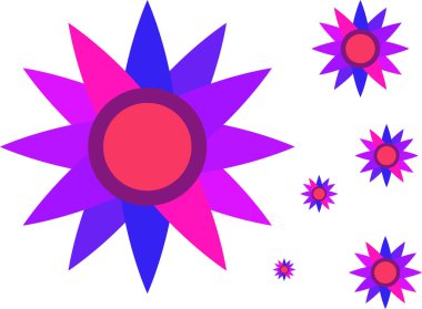 Beyaz arkaplanda renkli, stilize yıldız ya da çiçek şekillerinin tekrarlanan bir deseni.