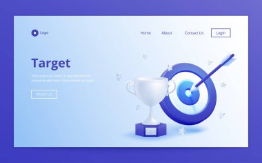  Pazarlama başarı konsepti. İşletmeyi hedef alıyor. Gerçekçi 3D tasarım kırmızı hedef ve ok ortada. Dart oyunu. Vektör web iniş sayfası pankartı tasarımı. İş finansmanı, hedef, hedef başarı.