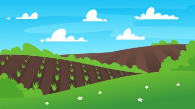  Spring green hills landscape. Farm, agriculture and garden. Vector illustration of garden work, garden beds, planting seedlings rise, trees and nature. Drawing for a eco poster, background. 