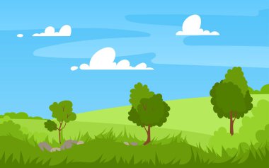  Vector illustration of beautiful summer landscape fields, trees, green hills, tall grass, blue sky bright color, clouds country background in flat banner cartoon style.