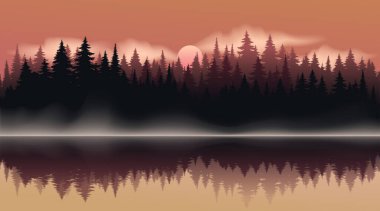  Vector dark forest background texture, silhouette of coniferous forest, vector. Season trees by the lake, reflection in the water spruce, fir. Horizontal autumn landscape. Summer evening with sunset.