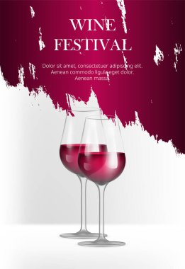  Wine bottle with label on white background. Realistic 3d two wine glasses with red liquid. Product placement mock up banner for branding. Grunge luxury background stage. Vector illustration.