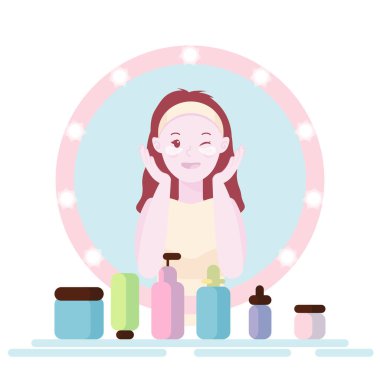 Skin cleansing vector illustration, cute girl wash her face and using SPF cream. Glowing skin, trendy glass skin effect. Body care and SPA. Looking in the mirror. Beauty and cosmetics concept