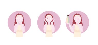 Skin cleansing vector illustration, cute girl wash her face in three steps. Using SPF cream, lotion. Making glass skin, shining effect. Body care and SPA.
