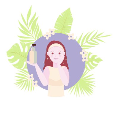Skin cleansing vector illustration, cute girl wash her face and using SPF cream. Glowing skin, trendy glass skin effect. Body care and SPA. Tropic leaves on background. Beauty and cosmetics concept.