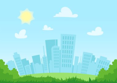  Flat cityscape at day with blue sky, white clouds and sun. Modern town skyline panoramic background. City tower skyscraper illustration. Urban silhouette with park. Panorama architecture buildings.