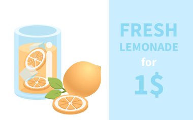  Fresh Lemonade, slices of lemon and whole lemon with leaf. Jar with ice cube. Summer exotic fresh sour detox drink. Home made lemonade beverage, template. Vector illustration. Sale for 1 dollar.