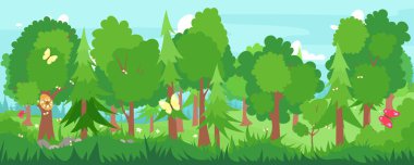  Green trees in forest flat vector illustration. Oak, maple on meadow with bees, butterflies. Beautiful green grass. Natural forest landscaping plant. Ecology park template. Spring season landscape.