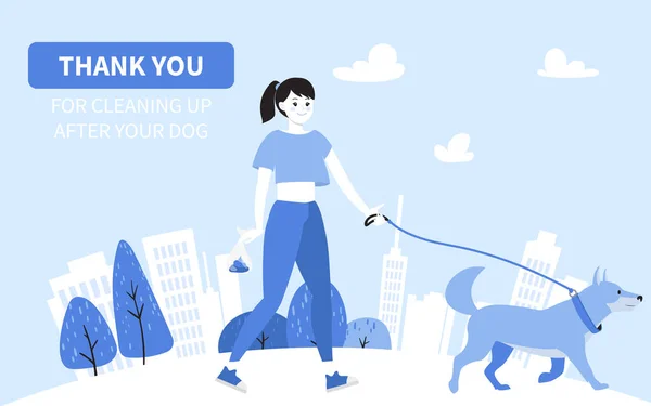 Thank you for cleaning up after your dog. Girl walking up with dog akita, town view with skycrapers, houses, trees. Collect dogs poop into a bag, vector illustration in blue colors.