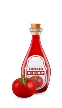  Gerçekçi bir domatesin 3 boyutlu vektör çizimi ve bir şişe aromalı ketçap. Taze ve sulu domates ve cam şişe, arka plan, menüler ve ambalaj tasarımları için mükemmel.