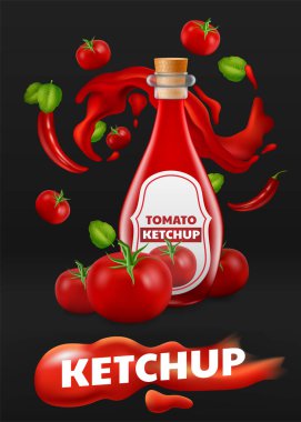  Siyah arka planda bir şişe aromalı ketçap içeren gerçekçi üç boyutlu vektör çizimi. Sosun canlı kırmızı rengi, fesleğen yaprakları ve kırmızı biberlerle vurgulanıyor.