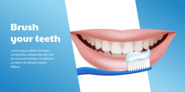  Gülümseyen bir ifadeyle gerçekçi dişleri fırçalayan mavi bir diş fırçasının 3 boyutlu çizimi. Bu ilaç pankartı tasarımı diş bakımını ve ağız hijyenini teşvik ediyor. Diş sağlığı klinikleri, sağlık hizmetleri ve hijyen için