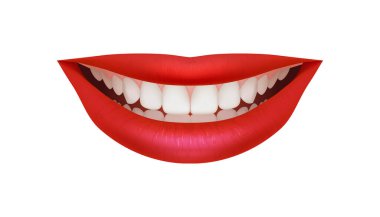  Parlak ve güzel bir gülümseme ile gerçekçi kırmızı dudakların 3 boyutlu çizimi. Kozmetik, moda ve makyaj için mükemmel. Stomatoloji için gerçekçi beyaz dişler. Aşkın özü, güzellik ve makyaj..