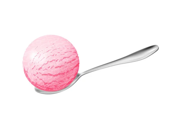 Realistic Ice Cream Illustration Pink Ice Cream Ball Spoon Raspberry — Stock Vector