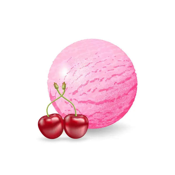 現実的なアイスクリームイラスト チェリー風味のピンクアイスクリームボール 3Dベクターデザインの美味しい夏デザート プロダクト包装および広告のため — ストックベクタ