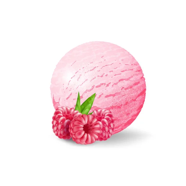現実的なアイスクリームイラスト ラズベリー風味のピンクアイスクリームボール 3Dベクターデザインの美味しい夏デザート プロダクト包装および広告のため — ストックベクタ