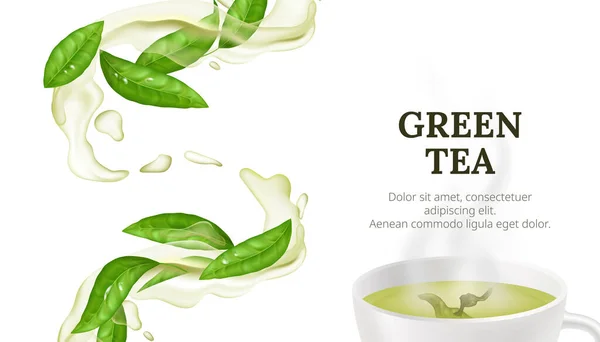 Vector Illustration Hot Cup Green Tea Fresh Leaf Healthy Aromatic — Stock Vector