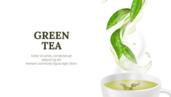 新鮮な葉で緑茶のホットカップのベクトルイラスト ホワイトバックグラウンドの自然で有機的な要素を備えた健康で芳香族的な飲料コンセプト 液体スプラッシュ水の流れ — ストックベクタ