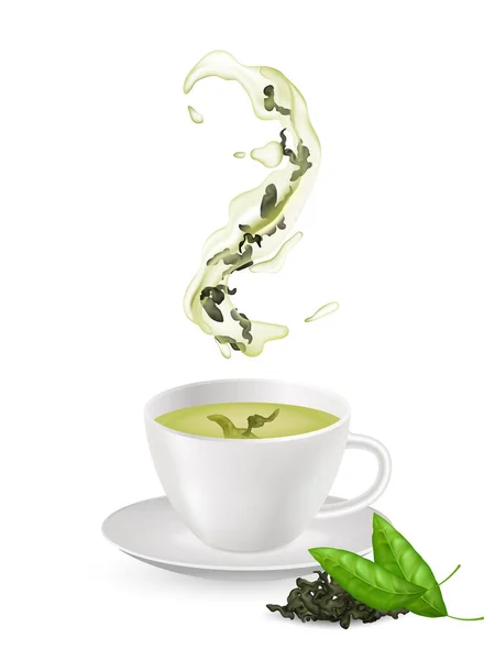 Ρεαλιστικό Πράσινο Τσάι Γυάλινο Κύπελλο Φρέσκα Πράσινα Φύλλα Βιολογική Και — Διανυσματικό Αρχείο