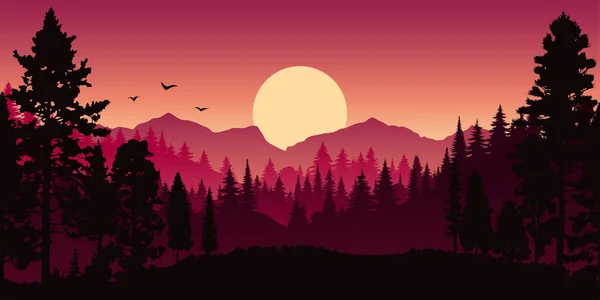 Векторно Красный Горизонтальный Пейзаж Туманом Лесом Елой Пищей Закатом Осенняя — стоковый вектор