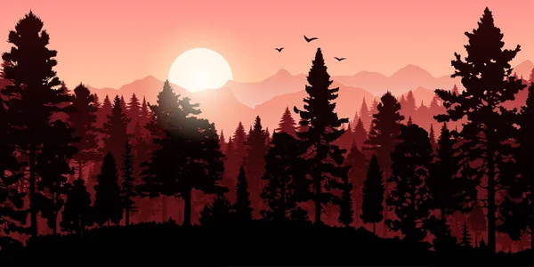Красный Горный Пейзаж Туманом Деревьями Камнями Птицами Шипами Силуэте Фоне — стоковый вектор
