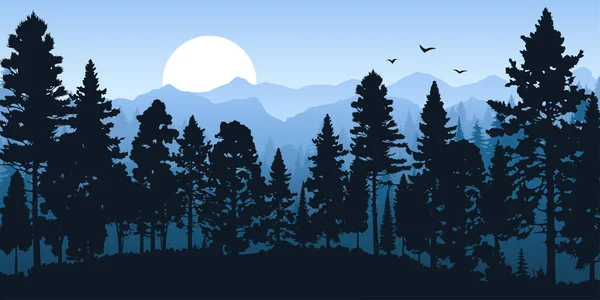Векторная Иллюстрация Безмятежного Лесного Пейзажа Туманными Горами Дизайн Тему Природы — стоковый вектор