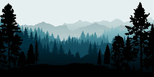 Красивая Векторная Иллюстрация Туманного Лесного Пейзажа Хвойными Деревьями Силуэте Вечно — стоковый вектор