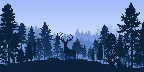 Силуэт Лесного Пейзажа Голубых Тонах Хвойные Деревья Рогатый Олень Силуэт — стоковый вектор