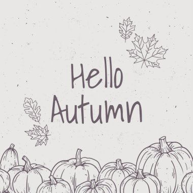 Merhaba, el çizimi vektör illüstrasyonlu sonbahar pankartı tasarımı. Grunge, meşe yaprağı, akçaağaç yaprağı, sonbahar sezonu için posterler, afişler ve kartlar yapmak için balkabakları. Yapay zeka oluşturulmadı.