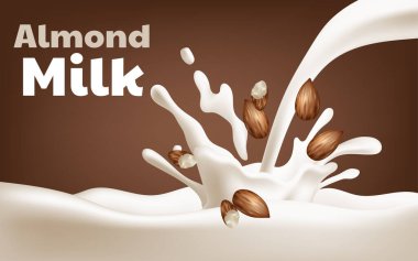 Badem sütü tasviri. Badem sütü damlalarının gerçekçi dinamik hareketi. Reklamlarda ve ambalajlarda sağlıklı ve lezzetli alternatifleri teşvik etmek için ideal. Yapay zeka oluşturulmadı.