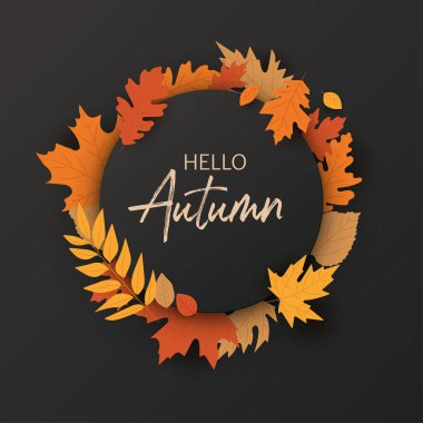 Siyah arka planda yuvarlak çerçeveli sonbahar tasarımı Hello Autumn. Canlı yapraklar ve dairesel bir tasarım var. Sonbahar sezonu için renkli ve davetkar bir atmosfer. Yapay zeka oluşturulmadı.