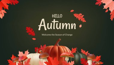 Banner Merhaba Autumn. Yaprakların, balkabaklarının, mantarların, meşe palamutlarının, kestanelerin gerçekçi çizimleri sıcak ve mevsimsel bir atmosfer yaratmak için mükemmeldir. Yapay zeka oluşturulmadı.