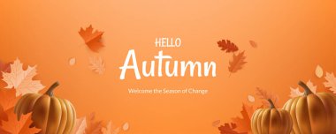 Autumn design orange horizontal banner Hello Autumn. With realistic illustrations of leaves and pumpkins, it's perfect for creating cozy and inviting designs for the fall season. Not AI generated. clipart