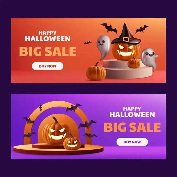 Happy Halloween Sale Banner Set Illustration Spooky Stage Podium Design — Stock Vector