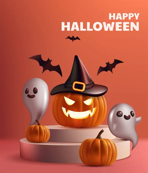 Happy Halloween Showcase Μινιμαλιστική Σκηνή Πορτοκαλί Φόντο Και Κολοκύθα Φάντασμα — Διανυσματικό Αρχείο